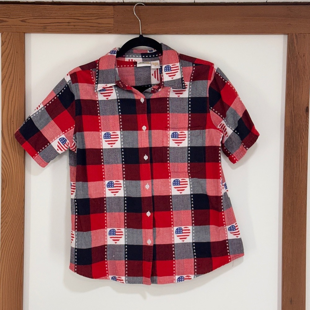 90s Vintage Americana Collections Etc Patriotic Plaid Button Cotton Shirt Medium